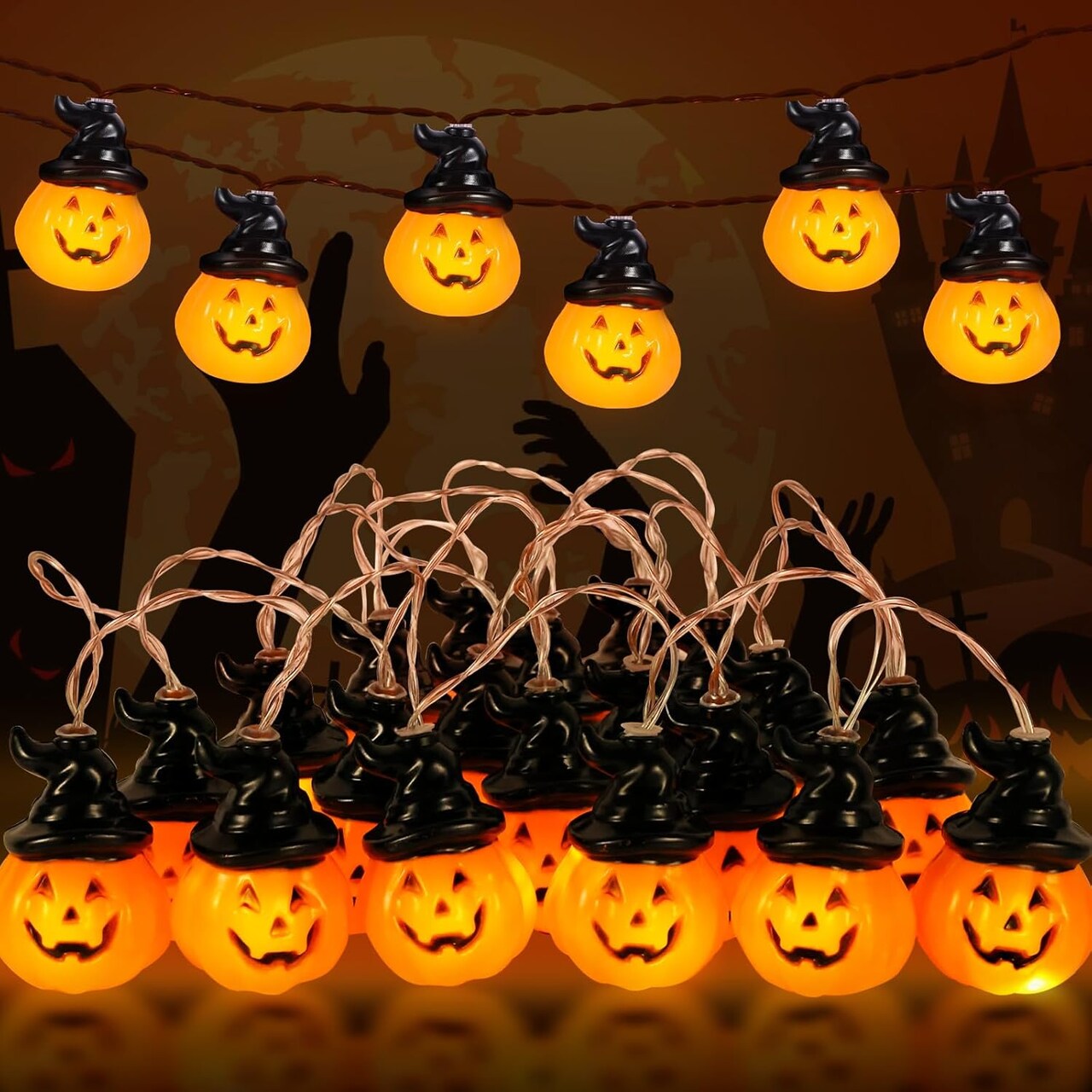 Halloween Pumpkin String Lights – 20 LED, 9.8FT, 8 Modes, Battery Operated, Waterproof, Indoor/Outdoor Halloween Decorations